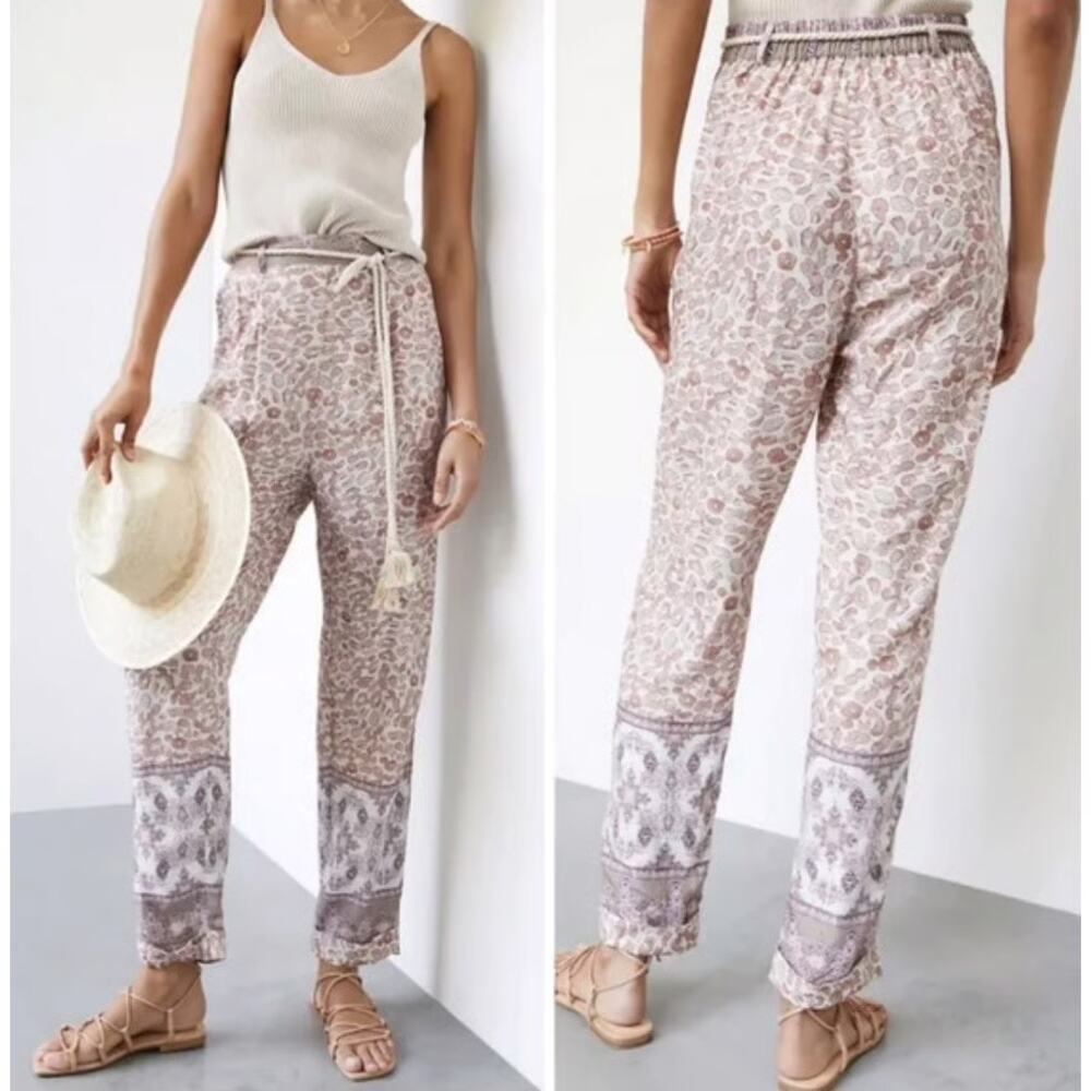 Anthropologie Ollari Paisley Tapered Pants Mauve XS Boho Tassel Lounge Chic Vibe